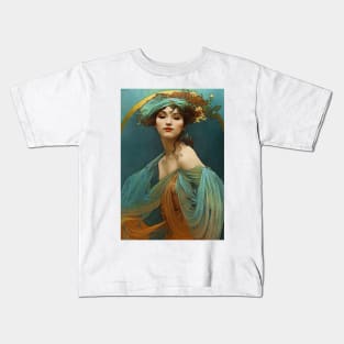 Art Nouveau Beauty in Turquoise and Orange - Vintage, Mucha, Gilded Age Kids T-Shirt